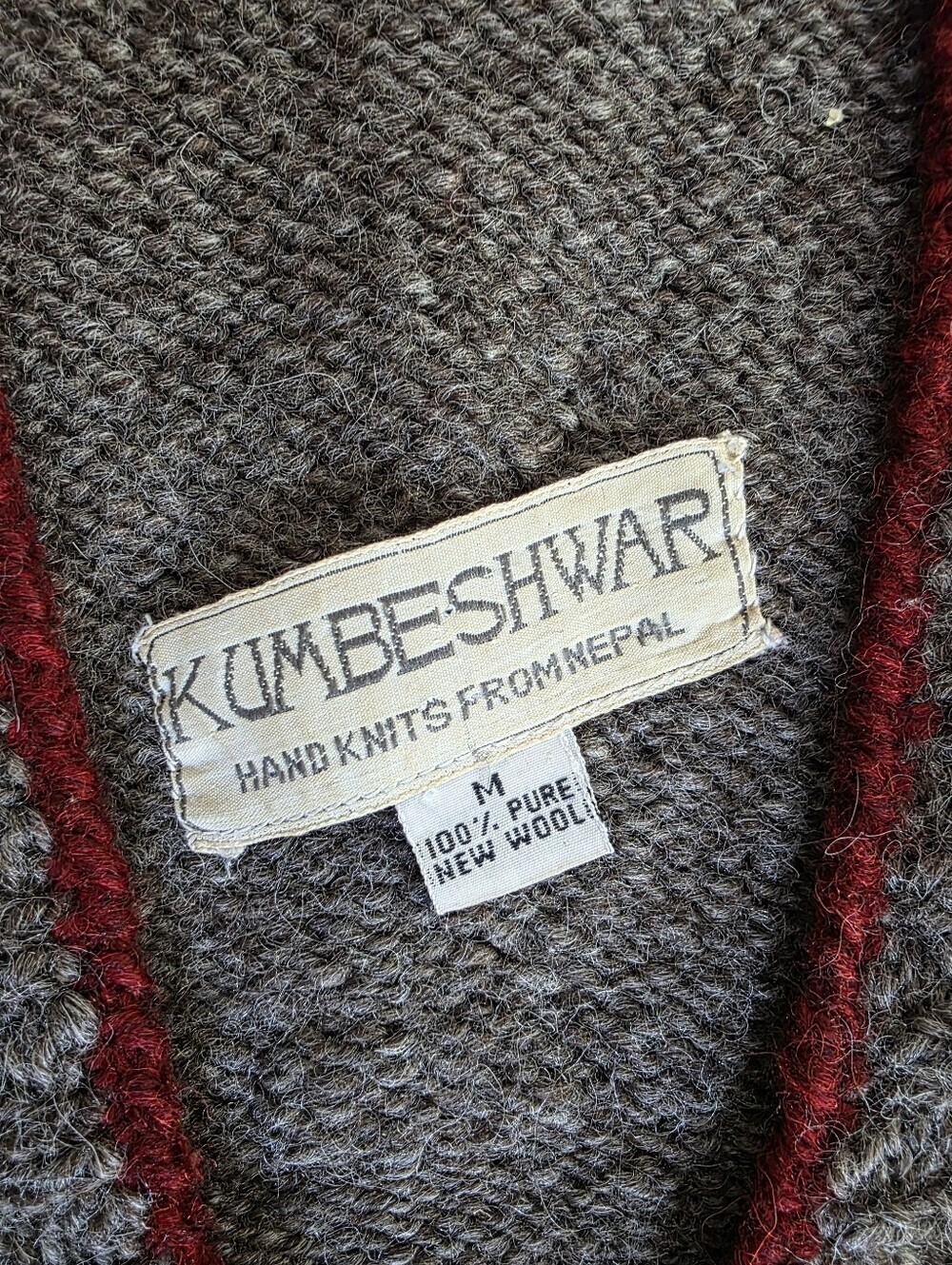 Kumbeshwar 100% Pure New Wool Boho Sweater – Size M – Brownish-Gray / Merlot Red - Picture 6 of 6
